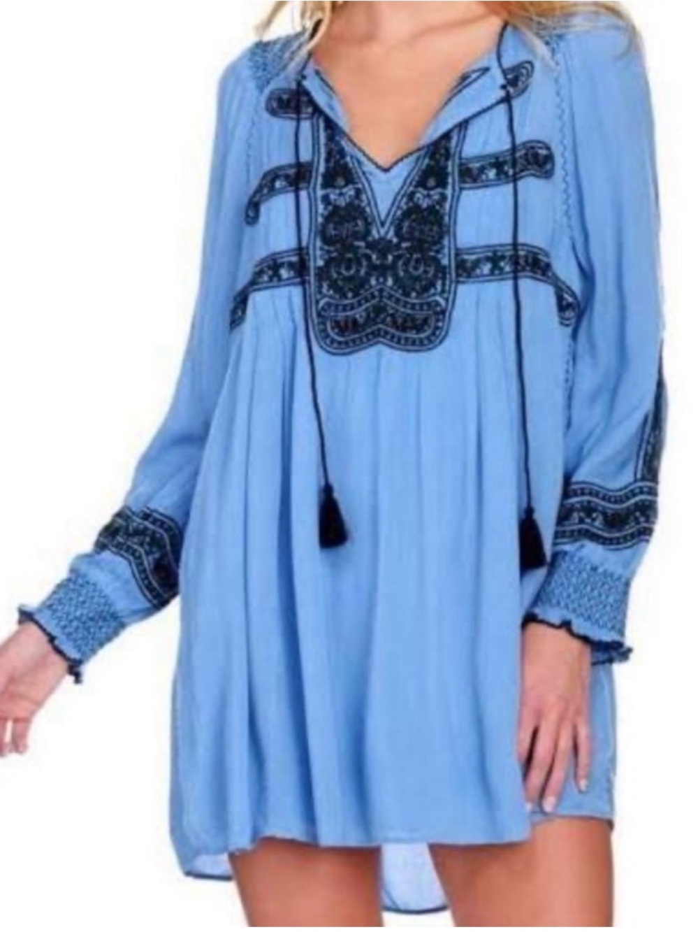 Free People Light Blue Embroidered Mini Dress with Black Accents